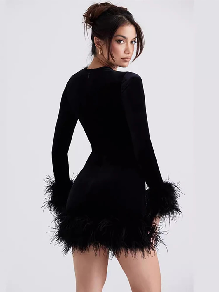 Elegant Feathers Party Dress Women Long Sleeve Oneck Slim Velvet Mini Female Dresses Patchwork Hip Package Lady Robes 250103
