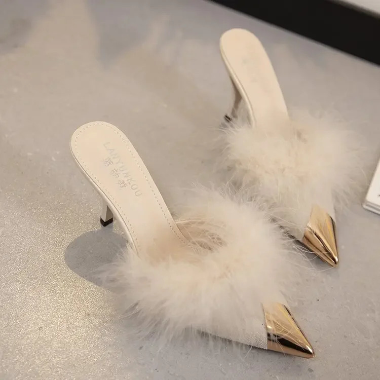 Summer Women Pump Feather Heels Fashion Simple Wind Mule Slippers Womens Slide Stiletto Heels Shoes for Women Heels 250103