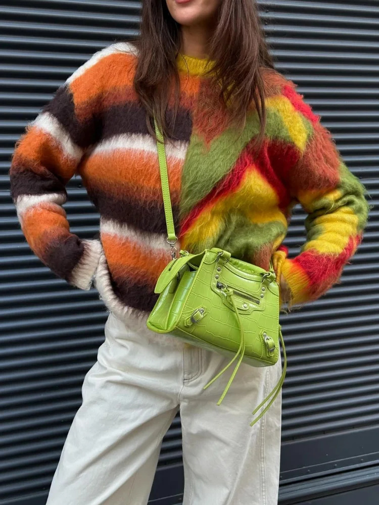 Mohair Plaid Contrast Women Sweater O Neck Full Sleeve Lady Cardigan Fashion Autumn Loose Singlebreasted Female Knitwear 250103