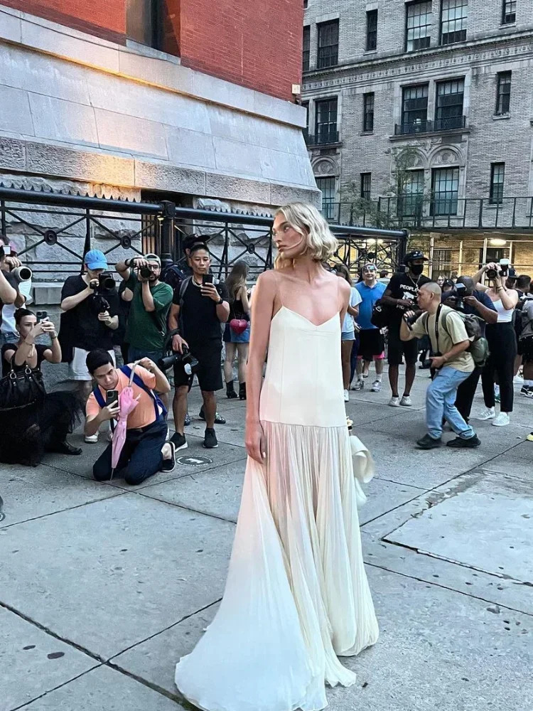 Womens Fashion Solid Camisole Pleated Hem Dress Casual Sleeveless Backless Aline Vestidos Summer Lady Vacation Party Robe 250103