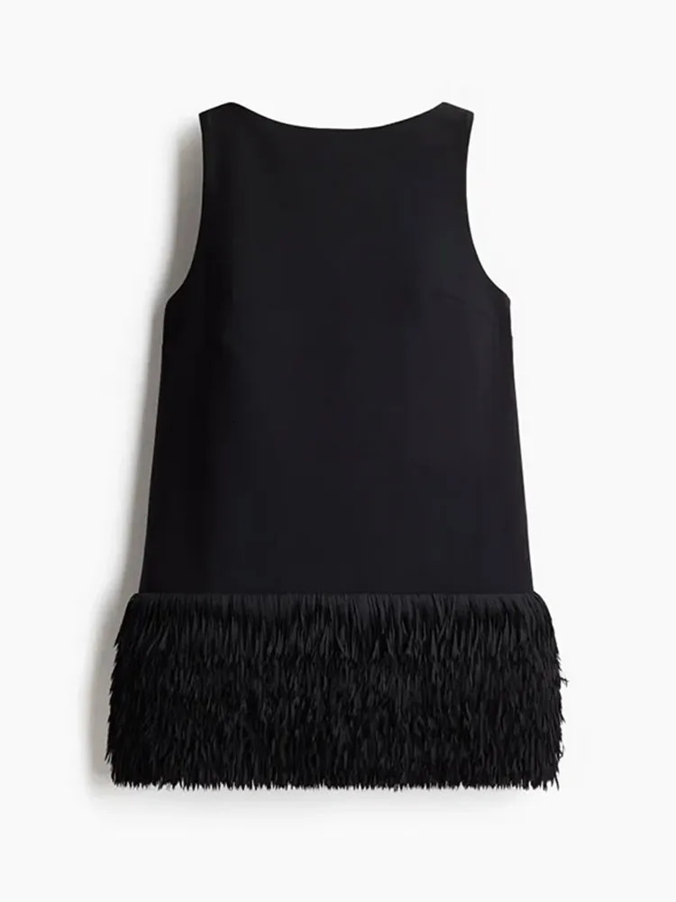 Black Feather Women Dresses Set Patchwork Straight Female Pant Winter Sleeveless Oneck Zipper Lady Suits 2 Pieces 250103