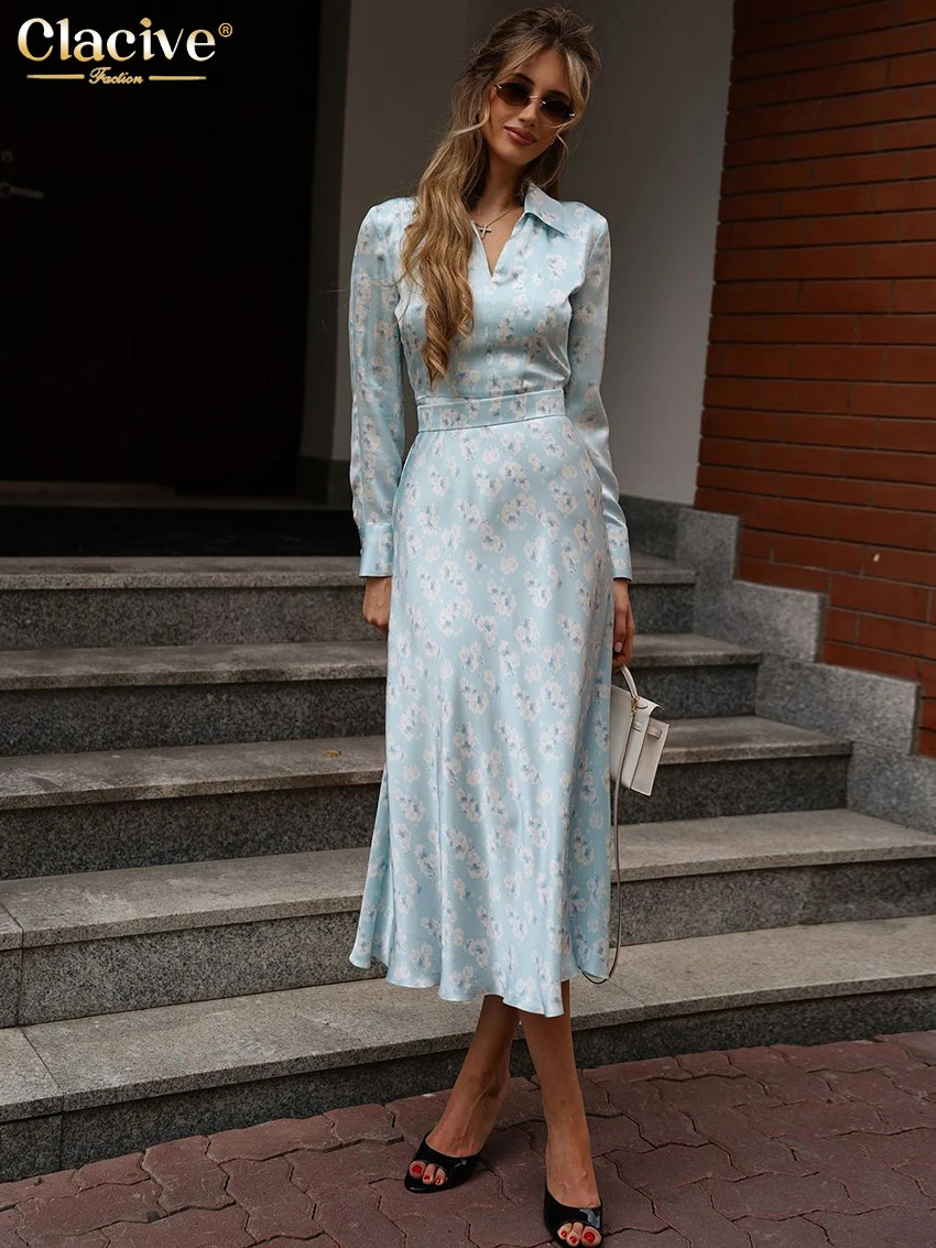 Clacive Fashion ultra-thin printed womens clothing 2025 casual lapel long sleeved midi dress elegant classic high waisted womens clothing 250103