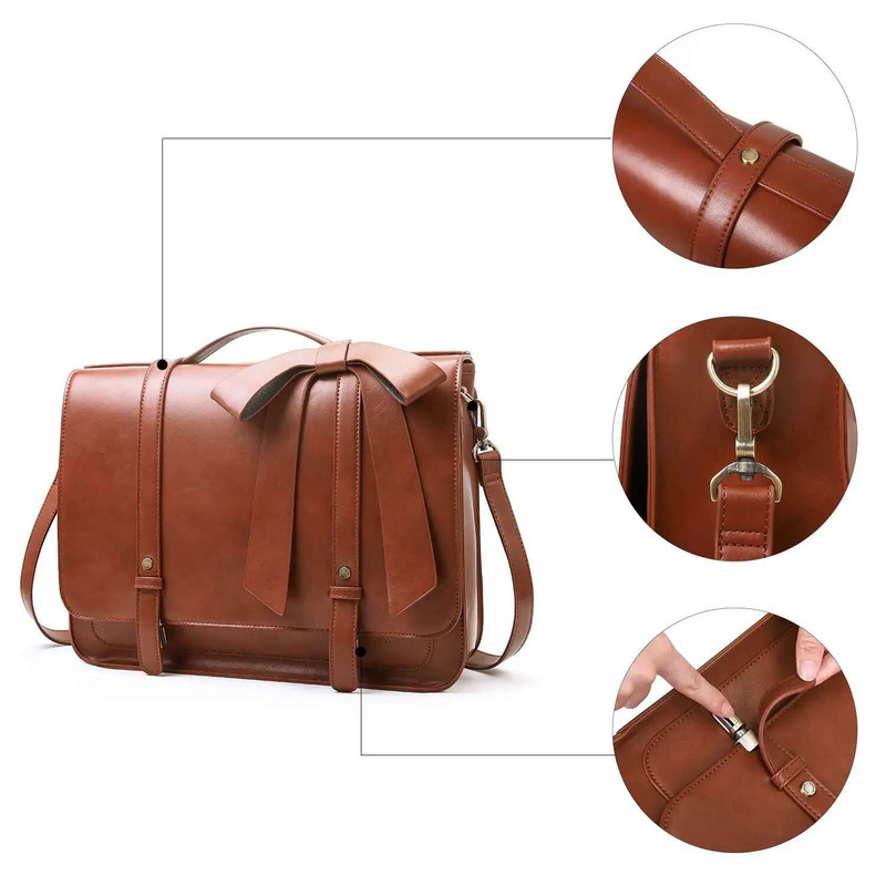 ECOSUSI Bags Women Courier Bags PU Leather 14'' Laptop Satchel Female Shoulder Bag For College Travel Square Bag