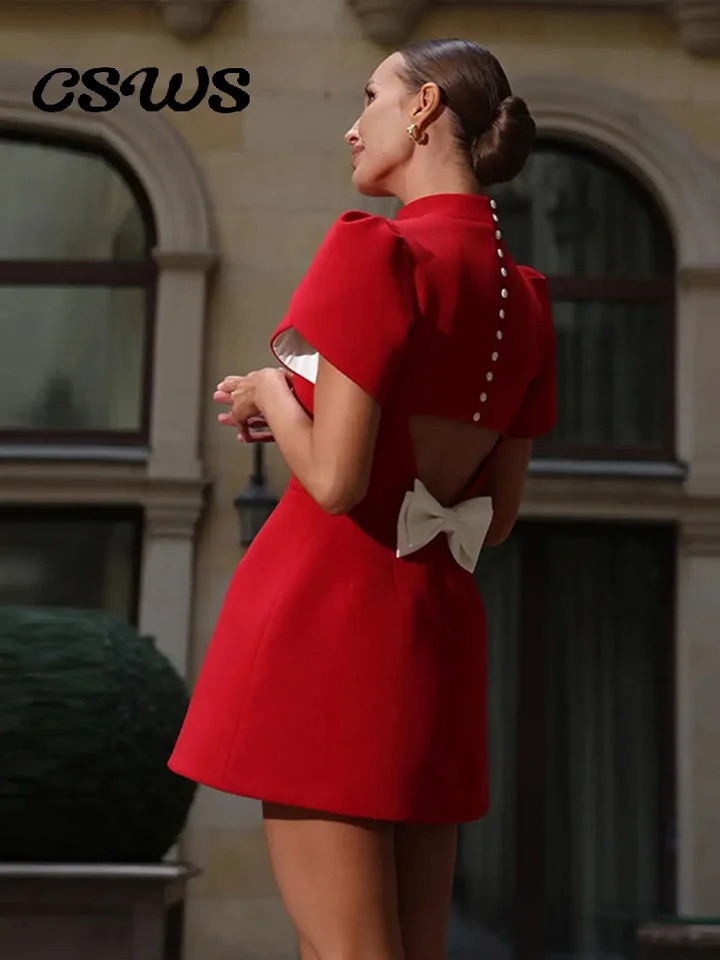Elegant bow Halloween mini dress womens red O-neck short sleeved high waisted A-line dress womens 2025 fashion party evening dress 250103