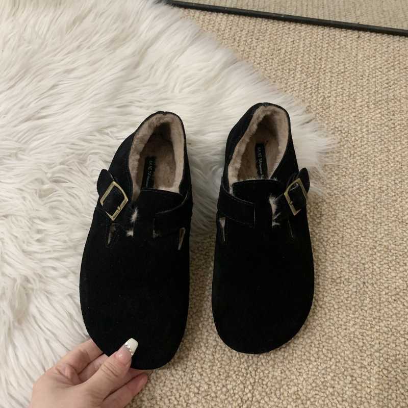 2025 slides slippers clogs Mao Shoes with Velvet Boken Single Shoes for Women Autumn/Winter Bean Shoes One Step Shoes Le Fu Shoes Leather Warm Cotton 