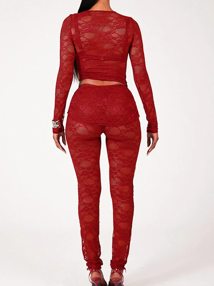 Sexy Sheer See Through Two Piece Women Lace Legging Outfits 2025 Fashion Long Sleeve Tops and Ruffles Skirts Pants Matching Sets 250106