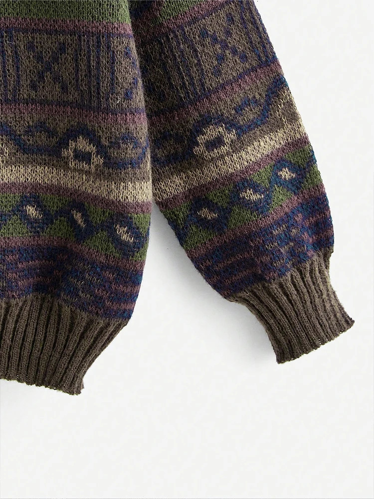 Autumn and Winter Retro Round Neck Simple School Geometric Pattern Knitted Sweater Off Shoulder 250103