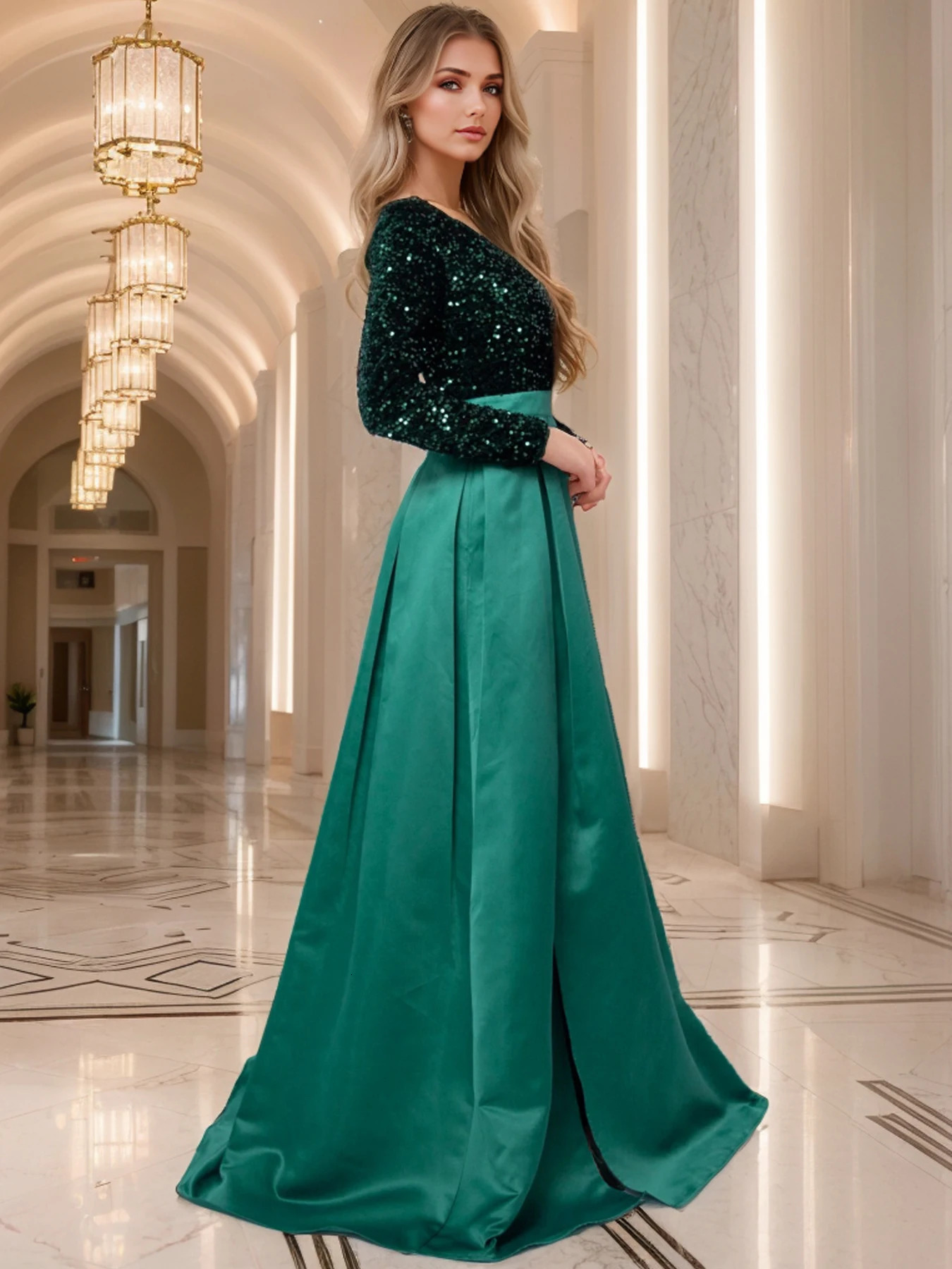 Romagic womens V-neck sequined satin long sleeved party dress Christmas ball dress floor length sewn pocket dress 250103