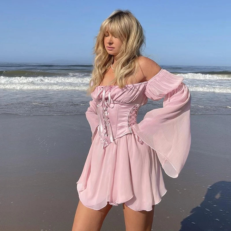 Off Shoulder Mesh Yarn Short Dres Summer Dress Flare Sleeve Lace Up Corset Bustier Aline Evening Party 250103