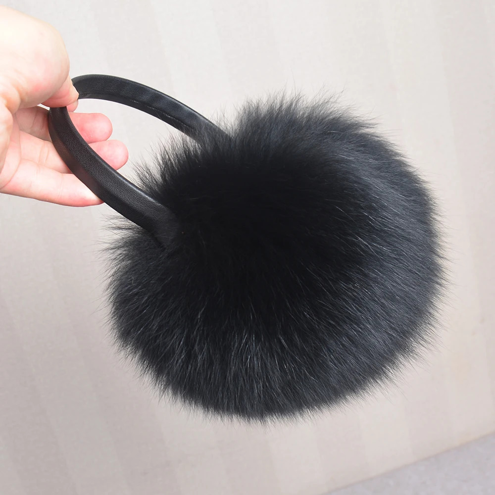Style Women Plush Genuine Fox Fur Earmuff Winter Lady Fox Fur Big Pompoms Fluffy Earmuffs Warm 100% Real Fox Fur Ear Cover 250106