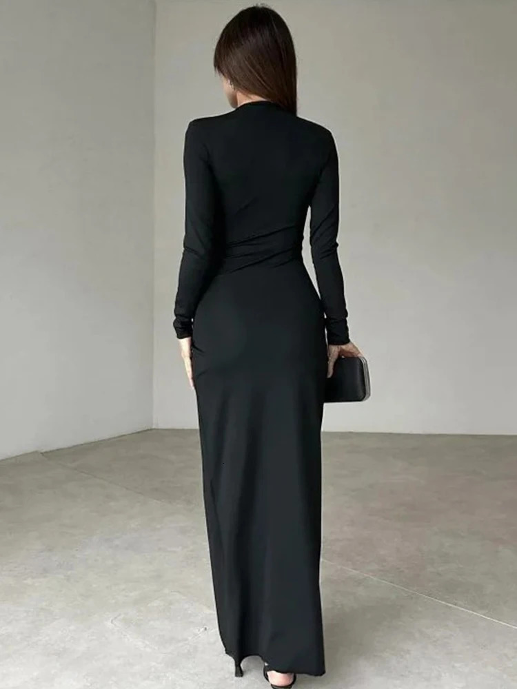 Trendix Burgundy Elegant Evening Dress Womens V-neck Ultra thin Patchwork Long Sleeve Long Dress Womens High Seam Tight Dress 2025 250103
