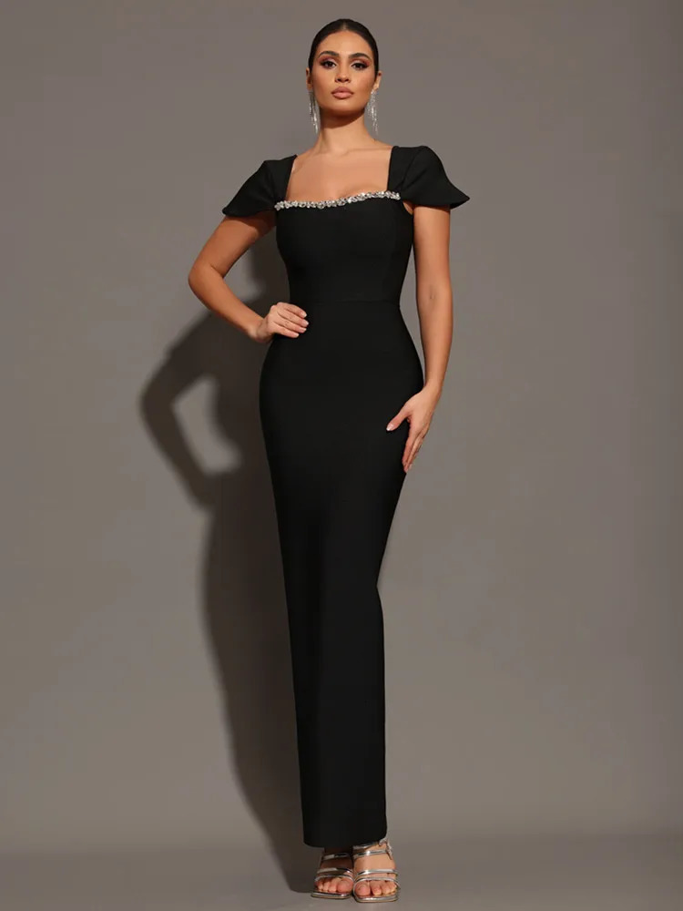 Women Celebrity Sexy Square Collar Black Red Blue Diamonds Maxi Long Bandage Dress 2025 Elegant Evening Club Party Outfit 250103