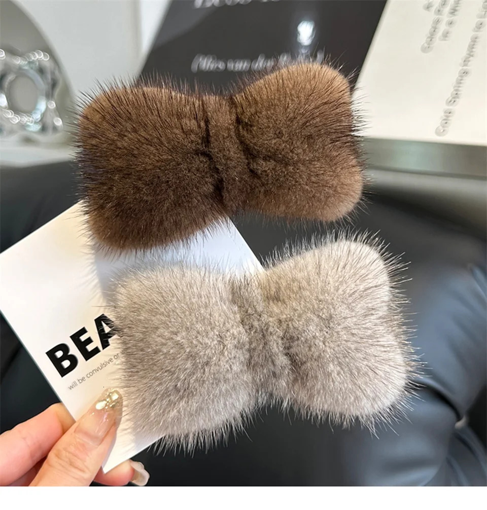 Real Mink Fur Hair Larg Bowknot Hairpin Side Clip Net Red Cute Olush Fur Headdress Shiny Hair Scratch Accessories Gifts 250106
