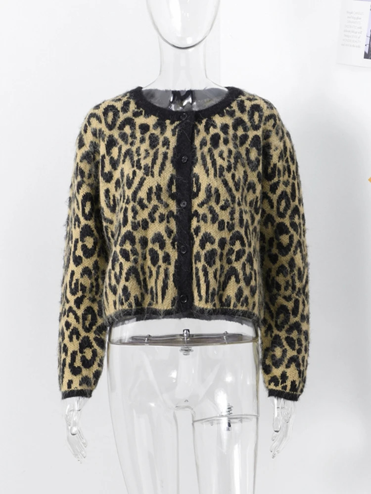 Fashion Knitted Leopard Print Mohair Sweater Cardigan Women Chic ONeck Long Sleeve Elegant Lady Street Autumn Knitwear 250103