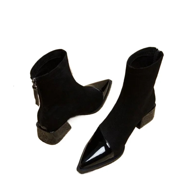 Ladies Shoes 2024 High Quality Modern Womens Boots Concise Ankle Boots Women Sewing Pointed Toe Med Heel Back Zip Shoes Women 250106