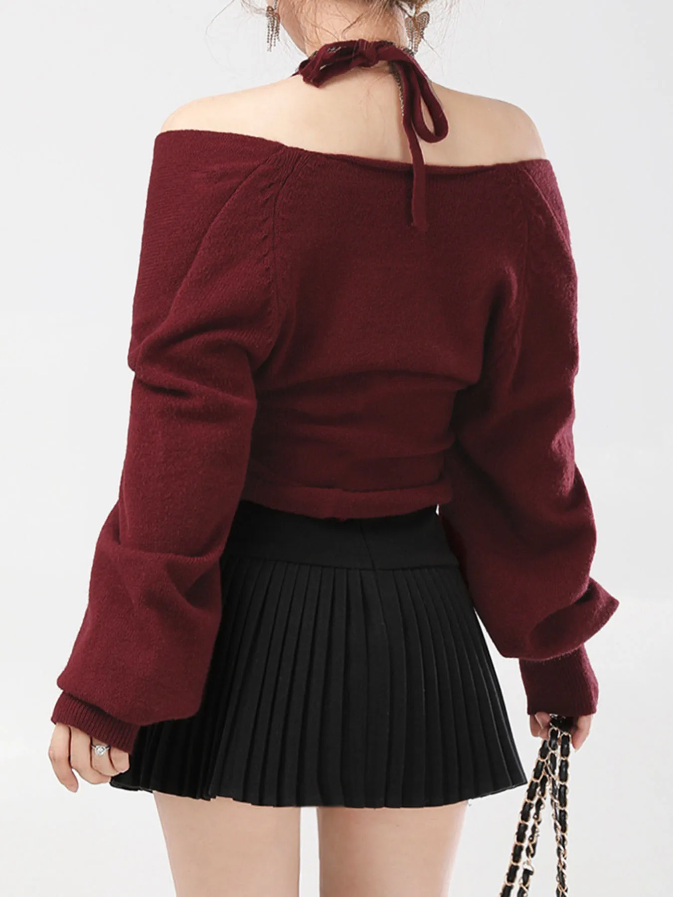Sexy One Shoulder Hanging Neck Knitted Top Womens Korean Solid Color Off Cross Short Pullover Sweater 250103
