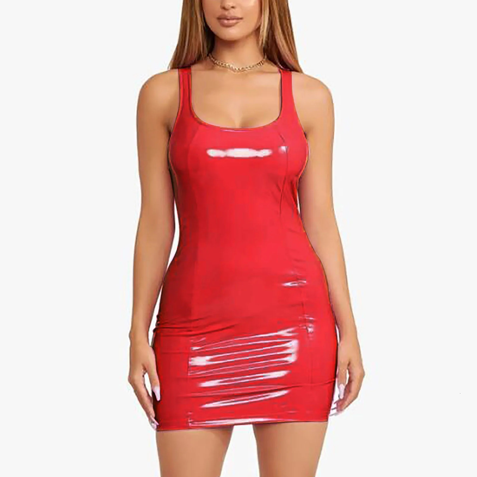 Women Dresses Evening Party Fashion Solid U Neck Sleeveless Leather Mini Bag Hip Night Club Dress Vestidos Para Mujer 250103