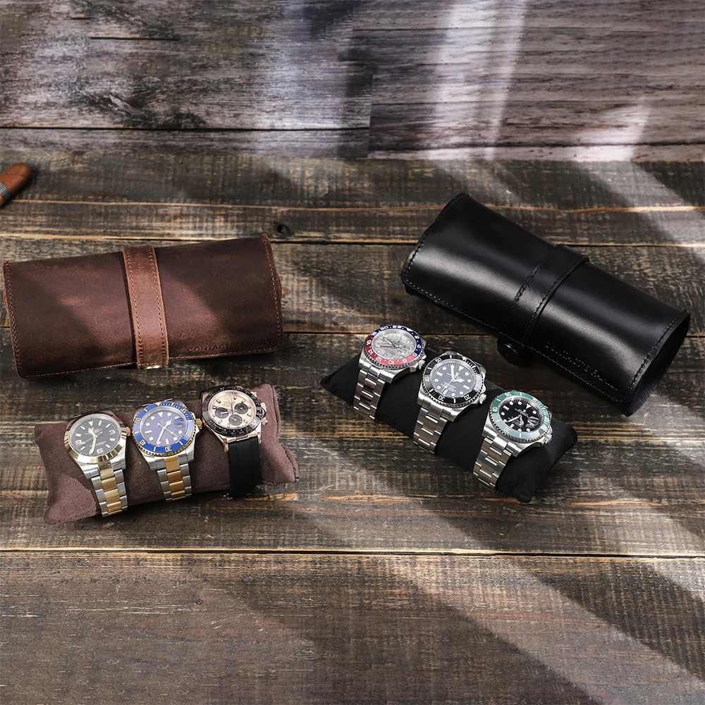 CONTACTs Home Handmade Watch Roll Box Organizer 3-Slot Watch Travel Leather Case Bracket Suitable for Men and Women with Buckles 250102