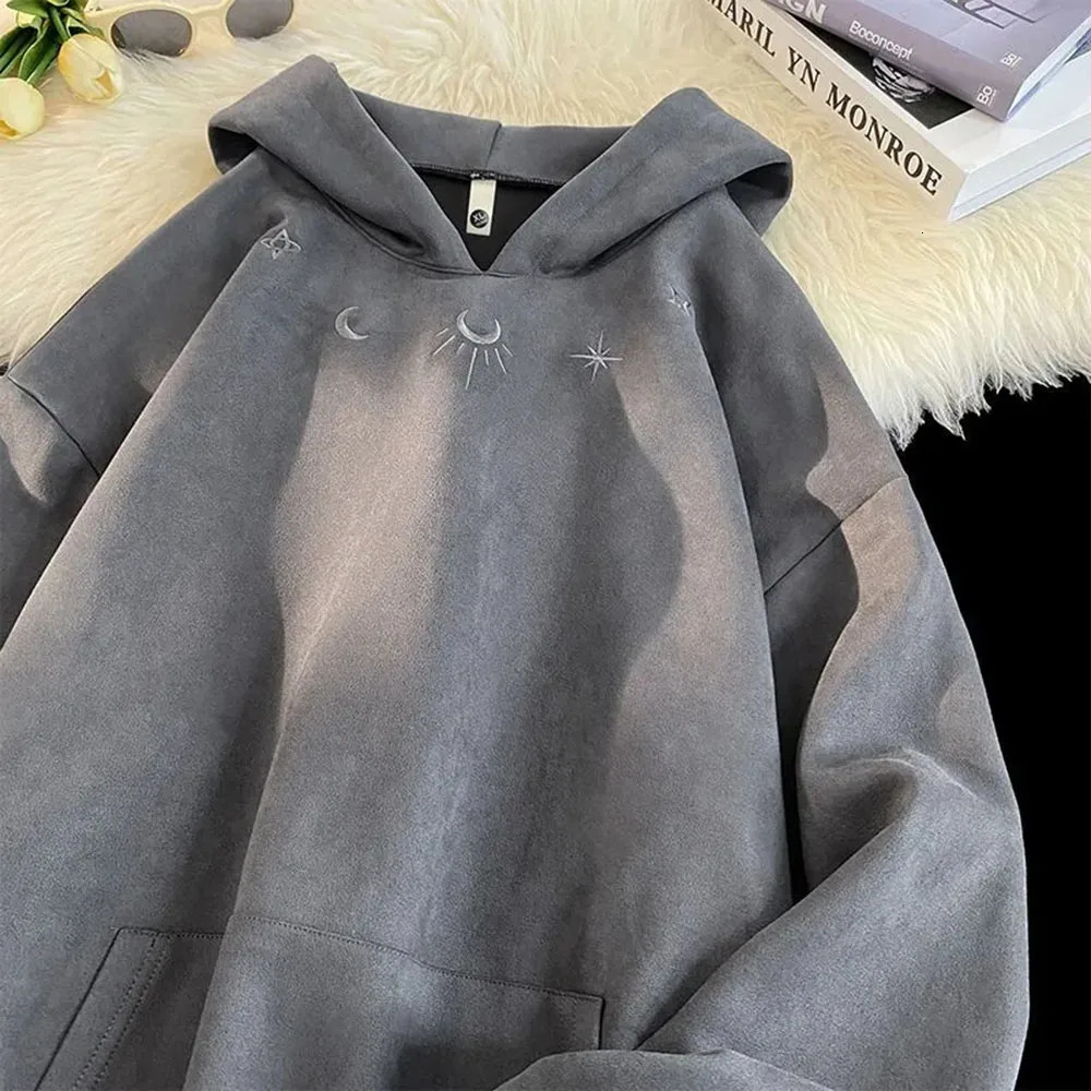 Retro Moon God Embroidery Sweatshirts For Women Drawstring Hooded Harajuku Autumn Winter Loose Trend Gray Suede Hoodies Tops 250106