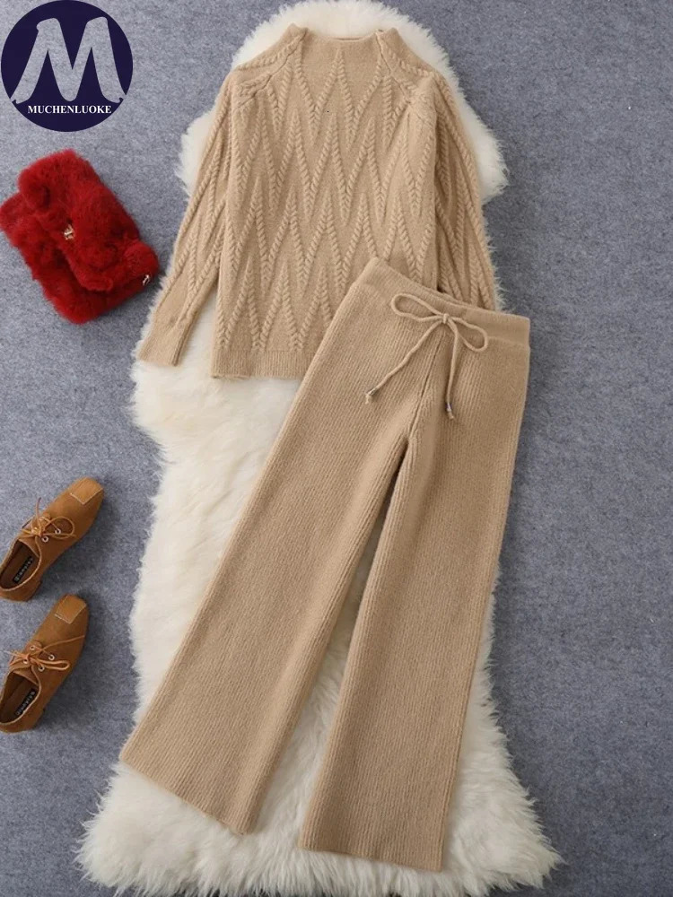 Womens 2-piece set autumn/winter Korean fashion O-neck knitted sweater top casual loose lace upper wide leg pants set 241230