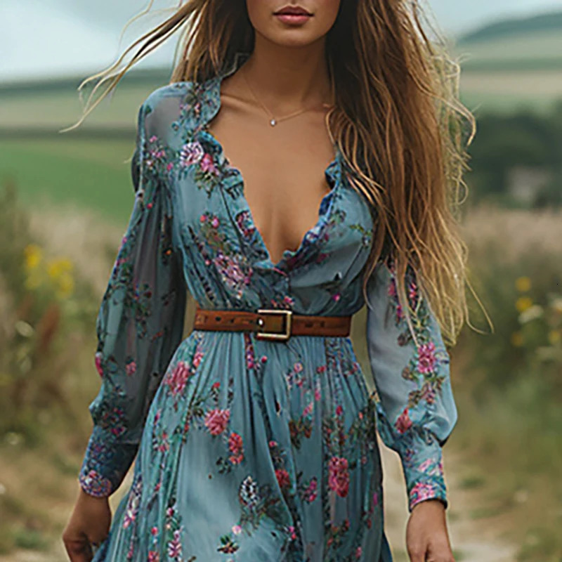 Sexy V Neck Elastic Waist Long Dress Ethnic Fashion Floral Print Vintage Dress for Women Spring Fall Long Sleeve Boho Maxi Dress 250103