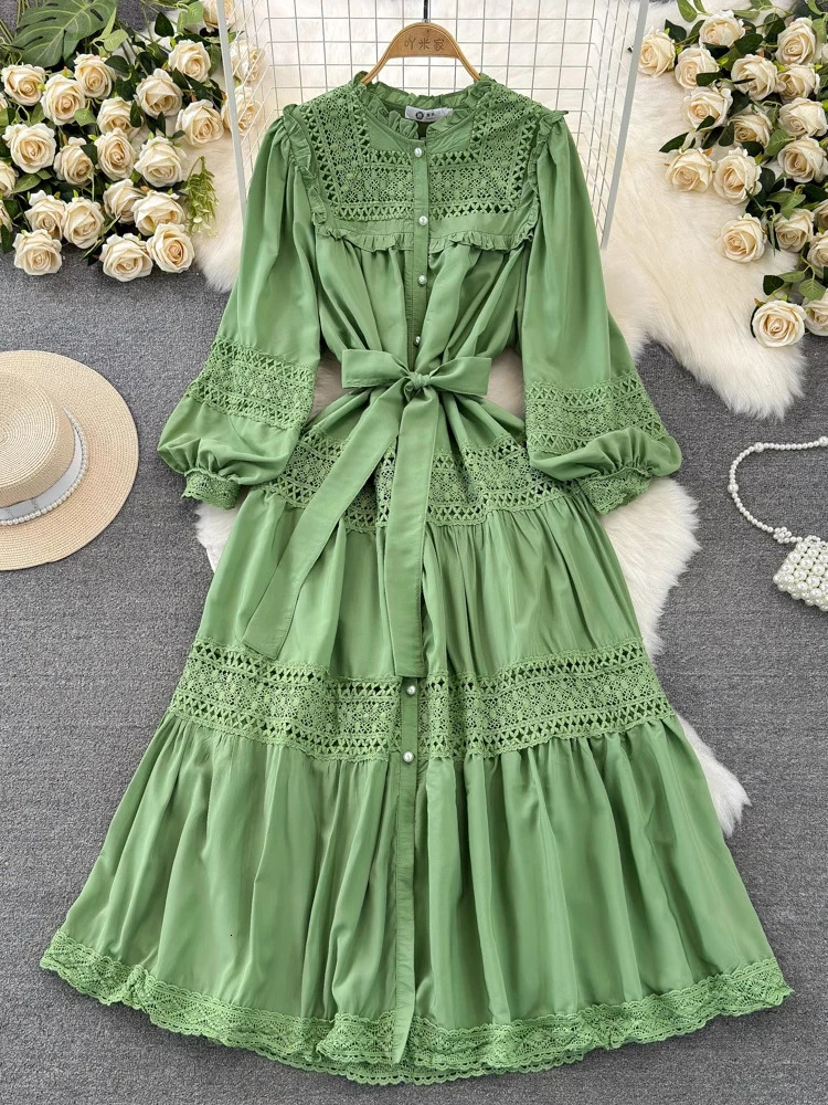 XFPV Women Sweet Temperament Lantern Sleeved Stand Collar Waistband Slim A-line Hollow Out Dress Vestidos Summer 2025 SM112 250103