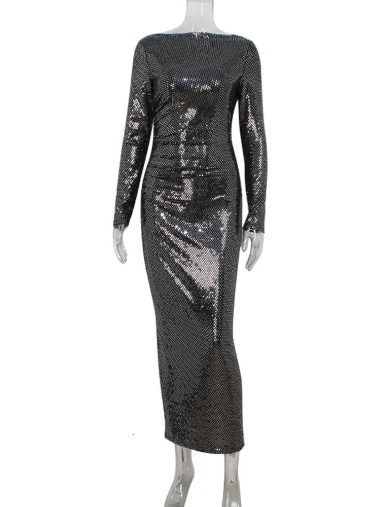 Ahagaga Sexy Club Womens Sqeuins Long Dresses Solid Maxi Full Sleeves ONeck Sheath Fashion Bodycon Streetwear Vestidos Robes 250103
