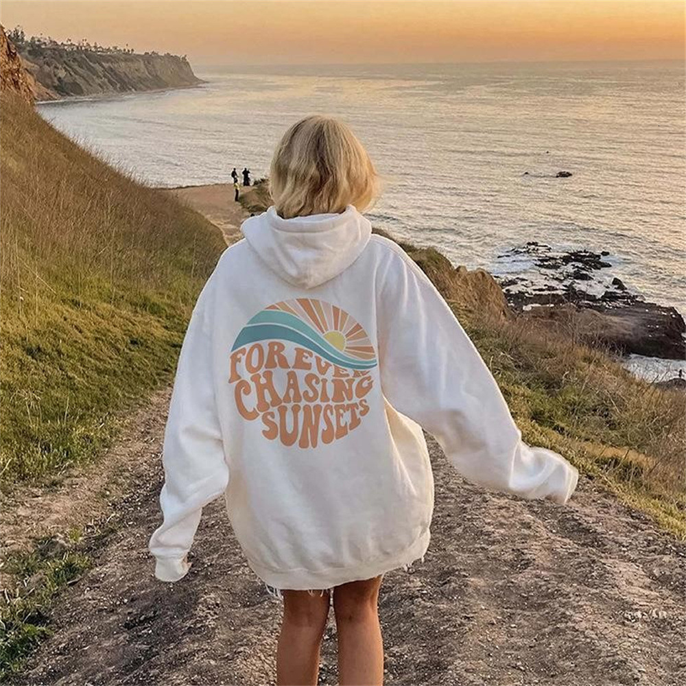 2024 American Velvet Always Chases The Sunset Kangaroo Pocket Drawstring Printed Hoodie