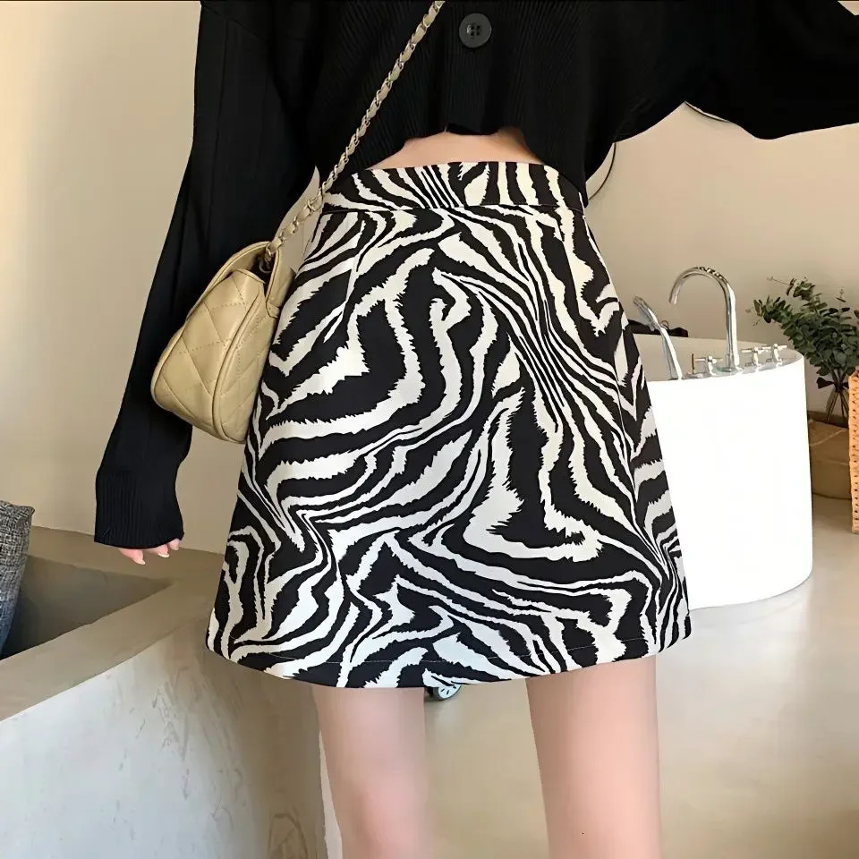 Korean Zebra Print Midi Skirt Women Autumn Female Aline High Waist Loose Skirts Vintage Mini 250106