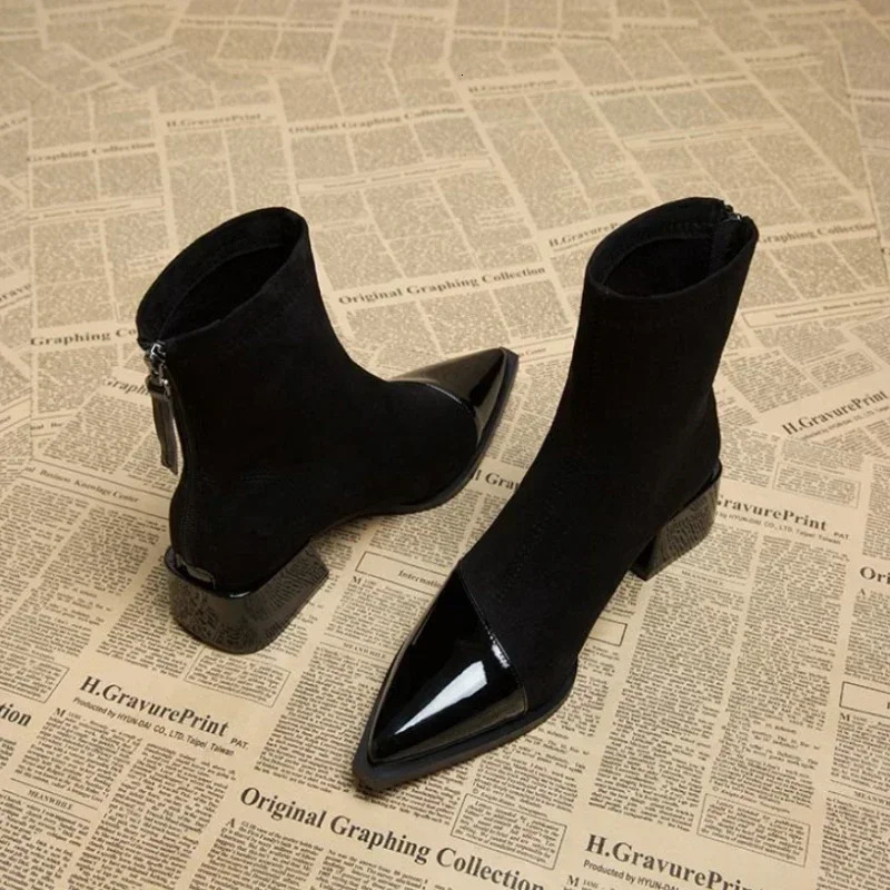 Autumn Winter Fleeces Women Sock Ankle Boots Fashion Square Heel Ladies Elegant Keep Warm Short Booties Womens Footwear 250106