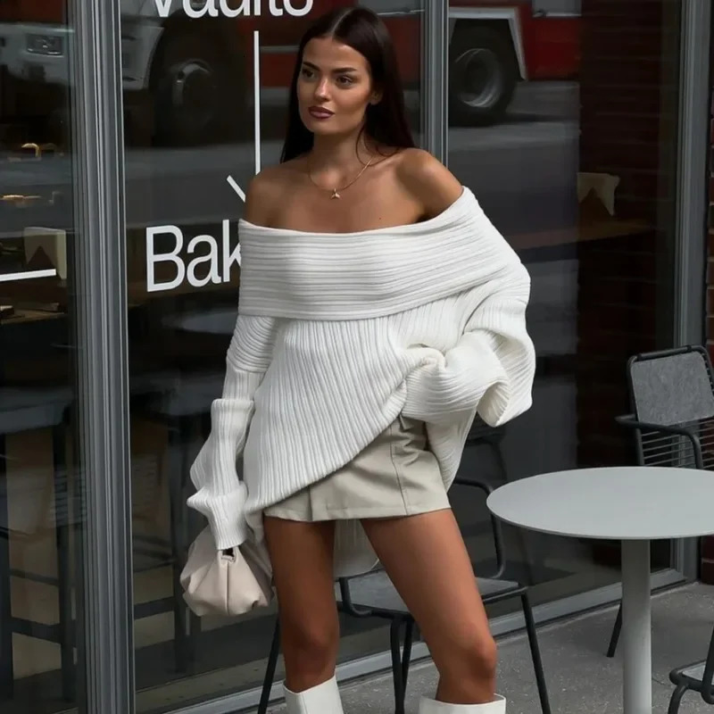 Trendix Off Shoulder Sweater Womens Winter Solid Loose Knitted Long Sleeve Tops Female Street Fashion Oversized Pullover Women 250103
