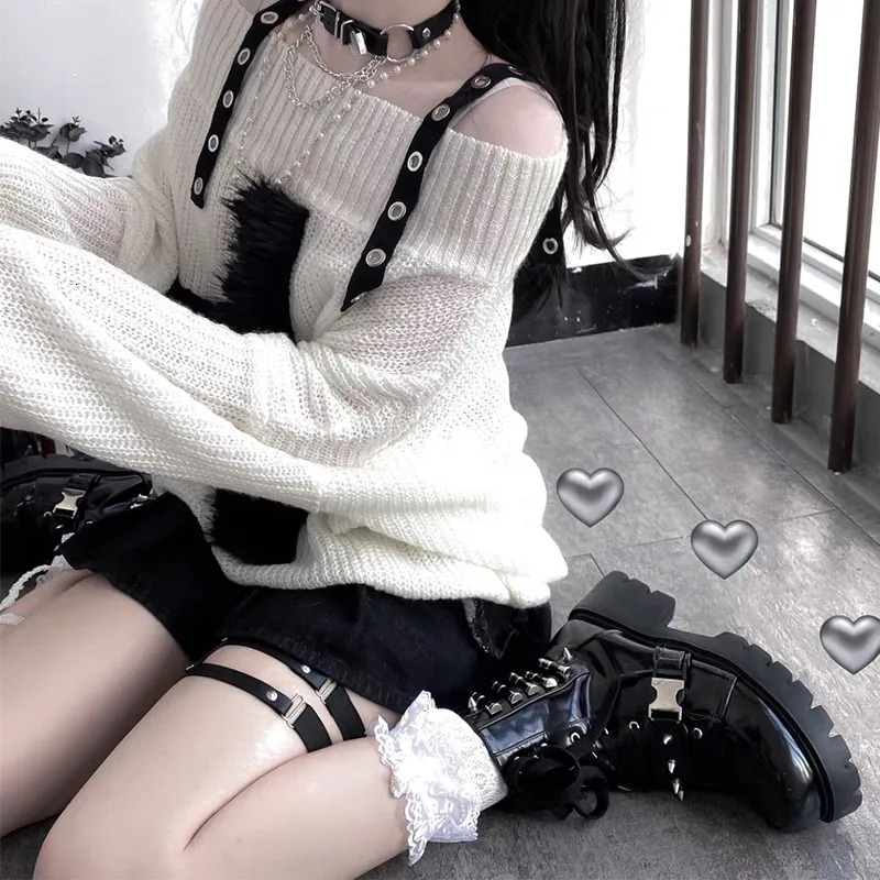 Karrram Harajuku Punk Knitwear Women Off Shoulder Belted Thin Sweater Cross Fur Patch Autumn Loose Gothic Y2k Pullover 250103