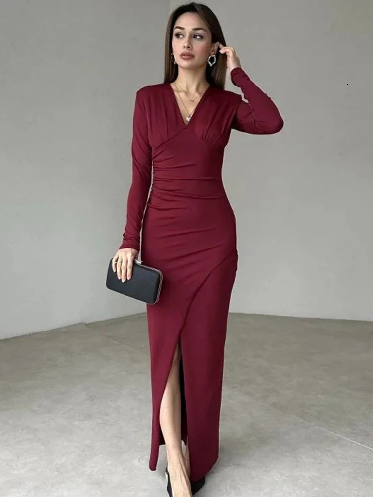 Trendix Burgundy Elegant Evening Dress Womens V-neck Ultra thin Patchwork Long Sleeve Long Dress Womens High Seam Tight Dress 2025 250103