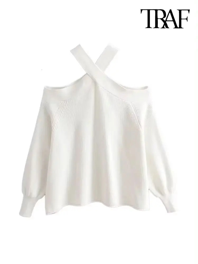 TRAF Women Fashion Loose Knit Halterneck Sweater Sexy Off Shoulder Long Sleeve Female Pullovers Chic Tops 250103
