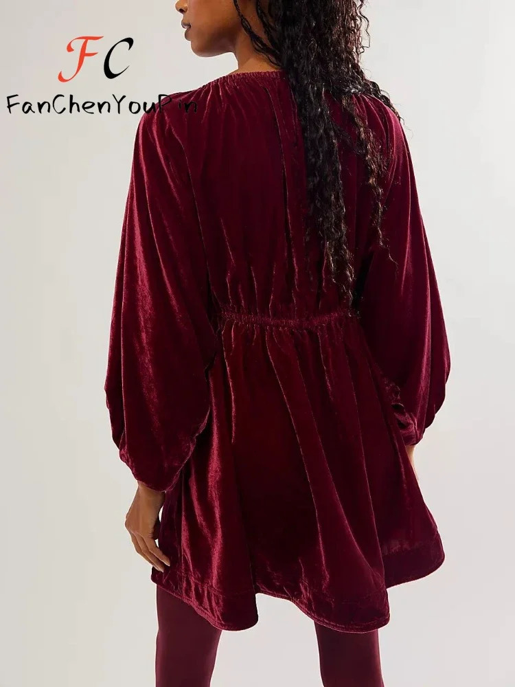 Womens Fashion Dresses Casual Velvet Elegant Deep V Neck Mini Dress Vintage Three Quarter Temperament Party Female 250103