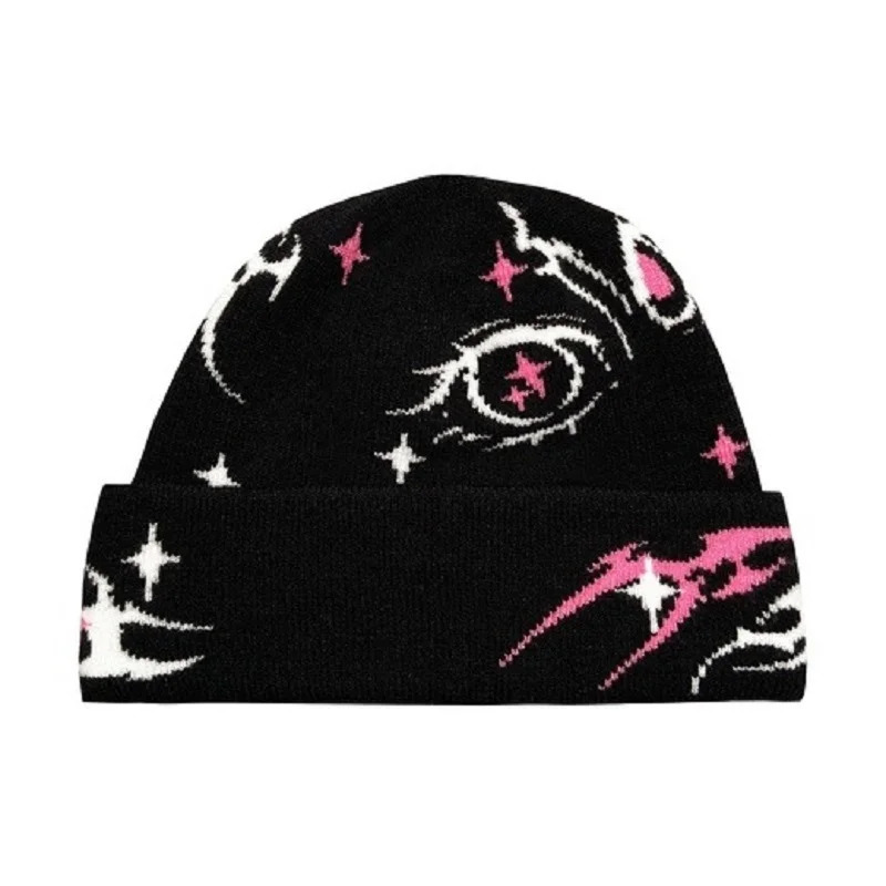 Y2K Gothic Pattern Wool Acrylic Knitted Hat Women Beanie Jacquard Windproof Warm Hat Mens Hip Hop Grunge Casual Outdoor 250106