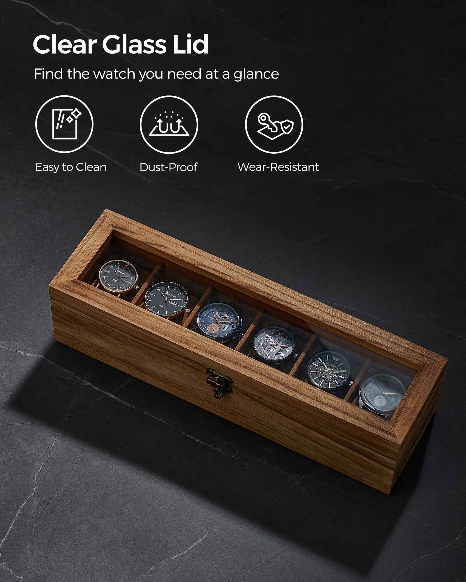 SONGMICS watch box 6-slot watch box solid wood watch box organizer with glass cover watch display box with detachable pillow 250102