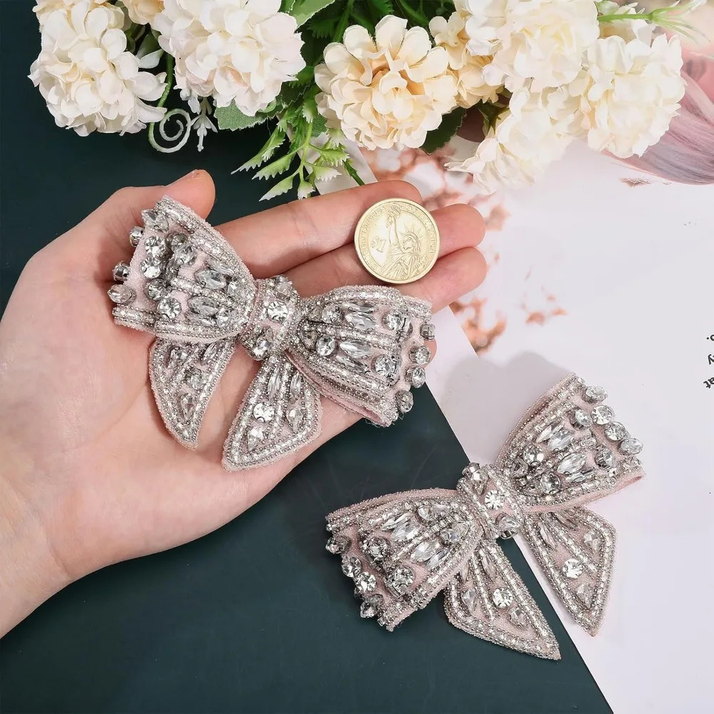 2Pcs Bow Crystal Rhinestone Applique DIY Craft Knot Bow Patches for Pumps Clutch Dress Hat Shoe Clip for Bride Party Wedding 250106