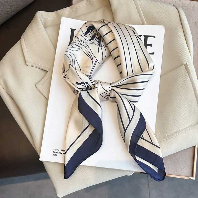 Striped floral print silk square scarf for women soft satin navy blue and hand fountain headscarf collar headband W250106