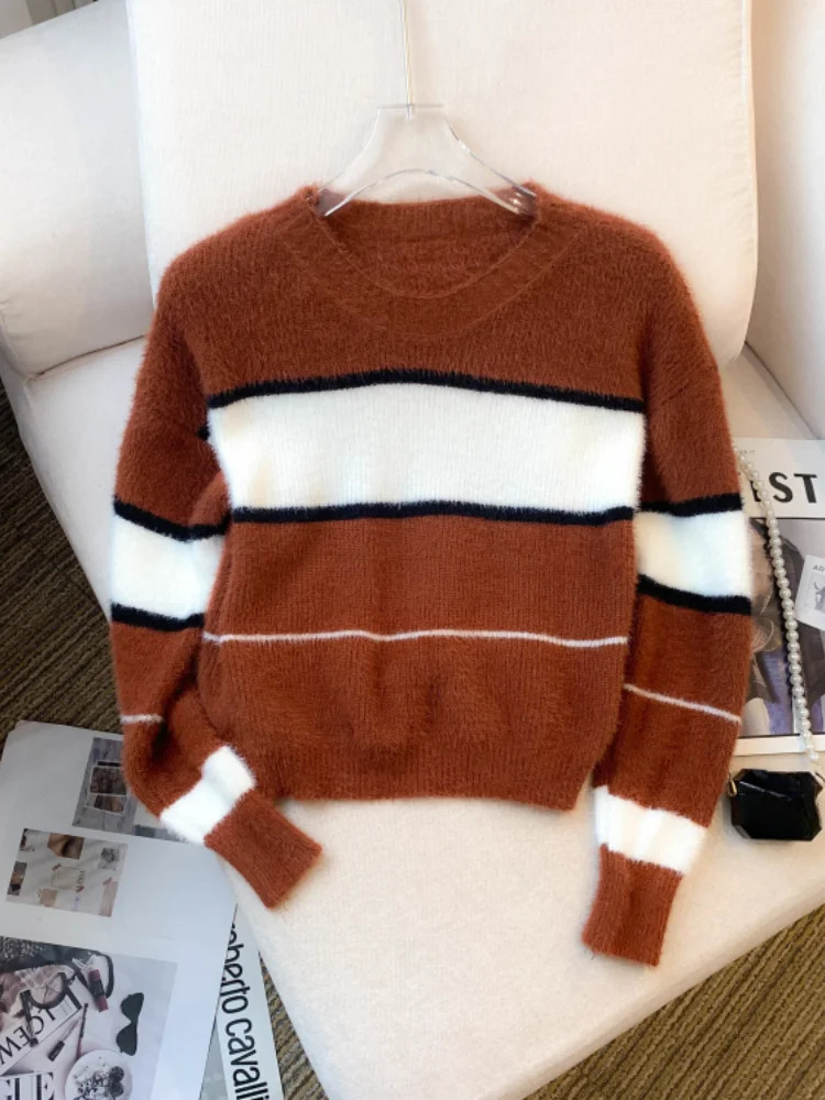Winter Color Block Crew Neck Pullover SweaterCrop Top Casual Long Sleeve Drop Shoulder Sweater Womens Clothing 250103