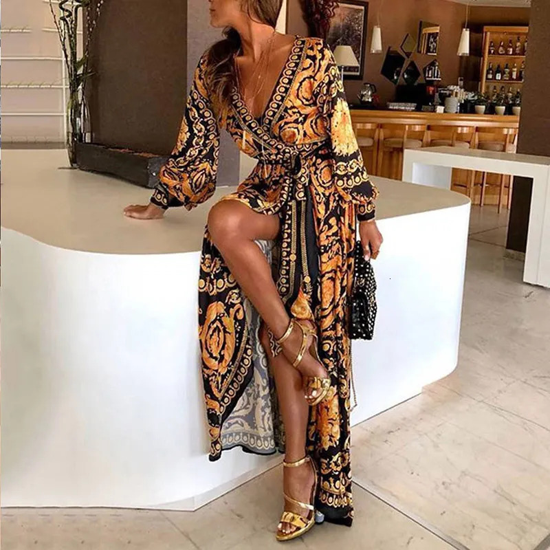 Womens Bohemian V-neck Printed Sundress Summer Loose Party Beach Holiday Casual Long Dress 250103