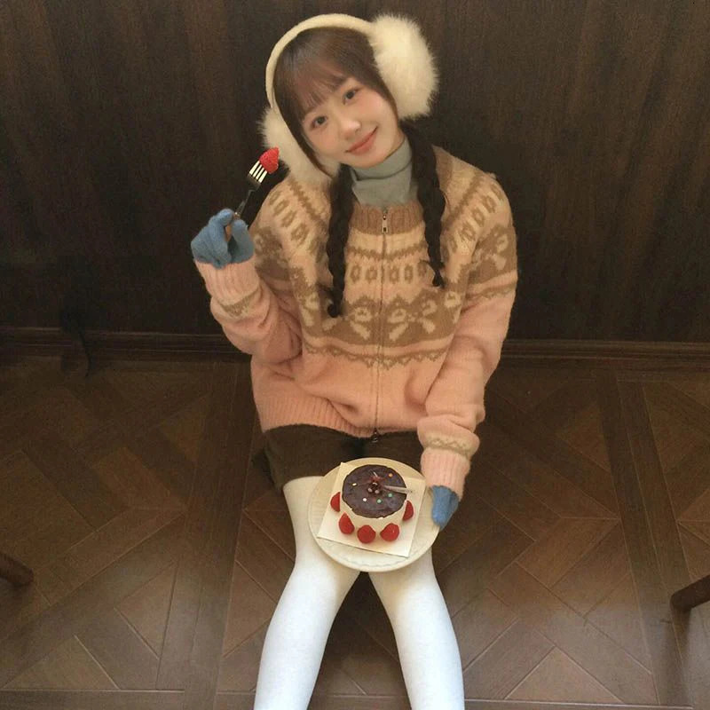 MEXZT Vintage Print Knitted Cardigan Women Japanese Long Sleeve Sweater Outerwear Winter Aesthetic Pink Knitwear Korean Jumpers 250103