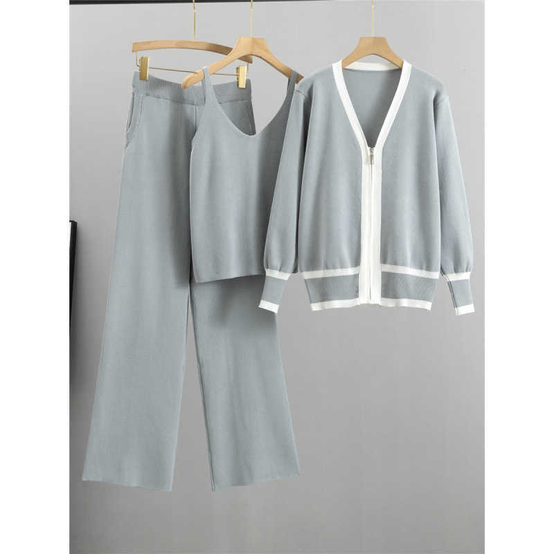 2024 Spring and Autumn New Womens European Collection Trendy Knitted Cardigan Strap Wide Leg Pants 3-piece Set