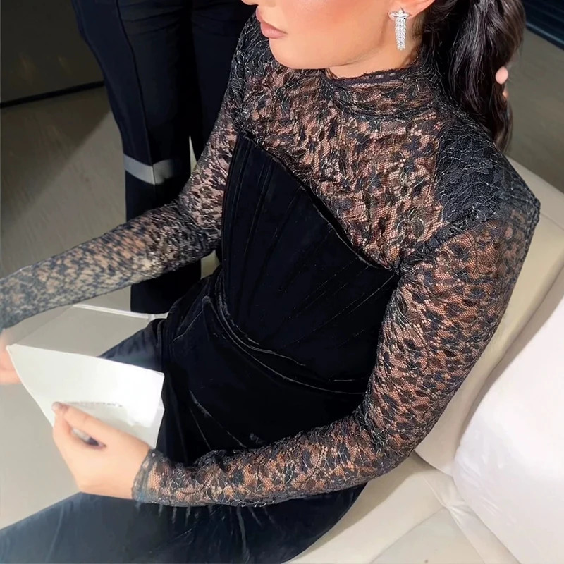 Black Sexy Lace Patchwork Slim Womens Dress Spring Autumn Perspective Long Sleeved Club Party Dress Elegant Velvet Maxi Dresses 250103