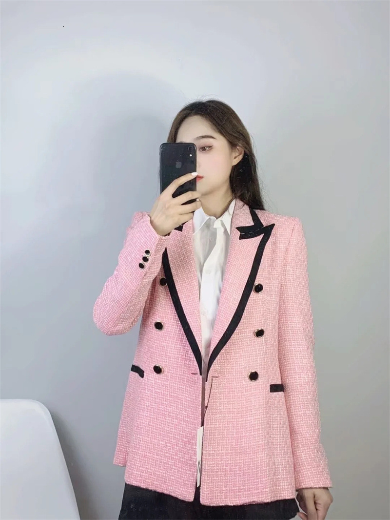 CNACNOO Women Elegant Pink Texture Double Breasted Tweed Blazer Long Sleeve Pockets Coats Female Fashion Streetwear Tops
