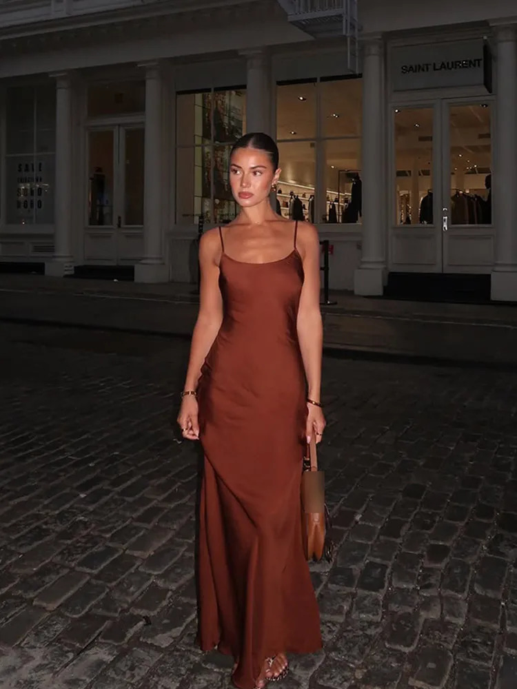 Elegant Solid Color Suspender Satin Dress Sexy Brown Sleeveless Off Shoulder Slim Fit Long Dresses 2025 Evening Party Robes 250103