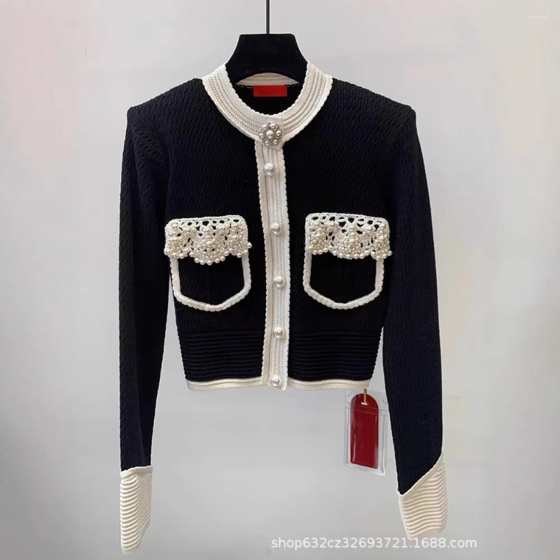 Women's Knits Pearls Beaded Knitted Cardigan Spring Hooked Wers Crocheted Sweater Coat Jacket Knitwear Jumpers Contrast Color Tops