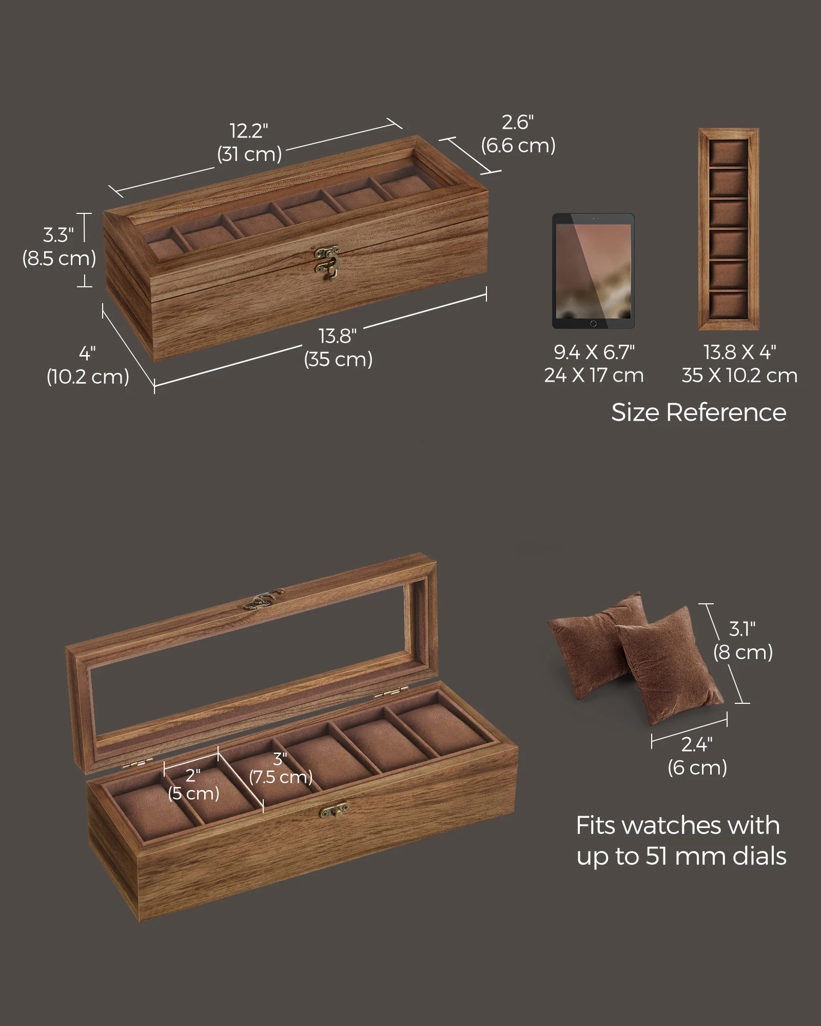 SONGMICS watch box 6-slot watch box solid wood watch box organizer with glass cover watch display box with detachable pillow 250102
