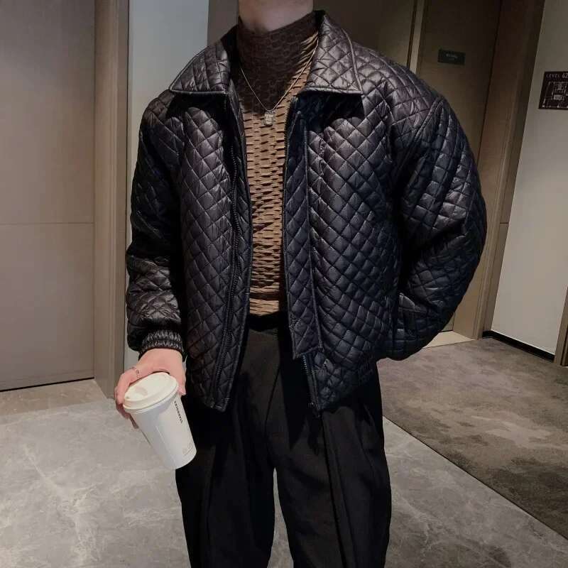 Winter Men's Trend Thickened Padded Jackets Lapel Loose Short Argyle Coat Bomber Jacket Youth Streetwear Chaquetas Hombre