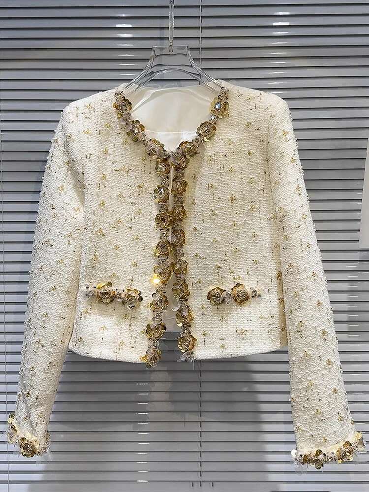 DEAT Fashion New Women's Pearl Sequins Design Tweed Short Coat 2024 Autumn Trendy O-Neck Long Sleeve Jacket Female 29L8474